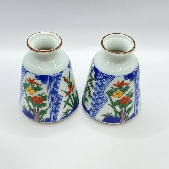 2 Floral Porcelain Japanese Flower Bud Vases Blue White Gold Toned Rim Small 4" - Picture 2 of 12